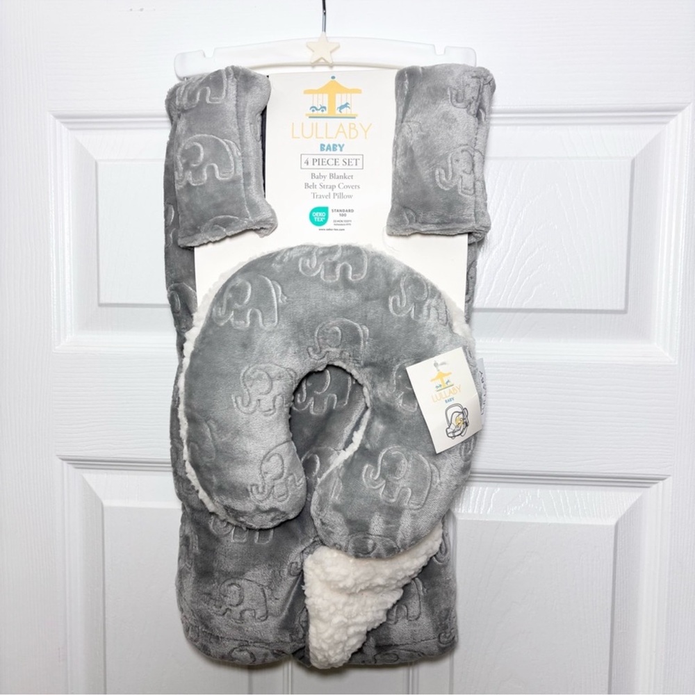 Lullaby Baby 4-Piece Gray‎ Elephant Set Baby Blanket Travel Pillow Belt strap
